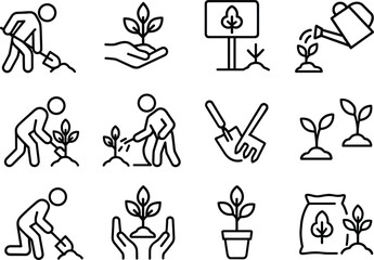 Planting Tree Icon Set Outline Style Gardening Symbol Growing Seedling Sprout Cultivating Nature Vector Illustration