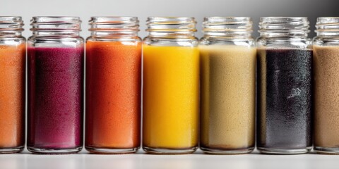 Colorful detox juice cleanse in glass bottles for healthy lifestyle concept