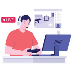 Host Live Illustration. Vector illustration of A gamer streams a live session while playing a shooting video game with a controller and headset. Isolated on background