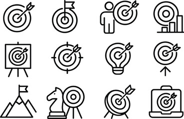 Target and Goal Icons Set Outline Style, Business Strategy, Achievement, Success, and Marketing Concepts