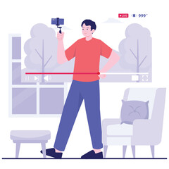Host Live Illustration. Vector illustration of A man does a livestream vlog using a camera stick while walking indoors with visible engagement stats. Isolated on background
