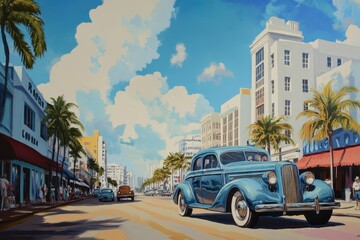 Obraz premium Classic cars cruising down S Miami Avenue on a sunny afternoon with palm trees in view, S Miami Avenue in the afternoon