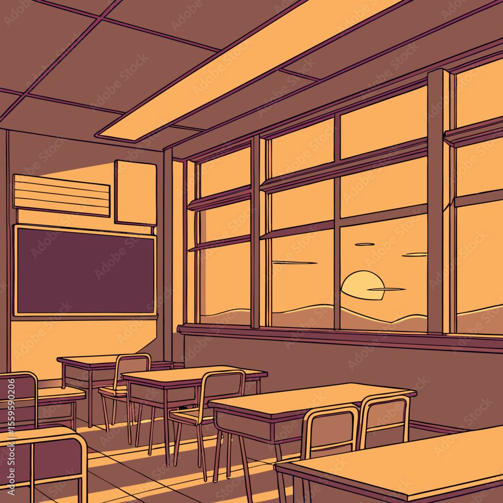 Poster empty classroom with rows of desks and chairs bathed in warm sunset light streaming through large wi