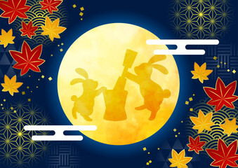 お月見背景、和柄玉、横、イラスト、かわいい、和風、うさぎ