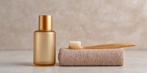 Bathroom set: lotion, toothbrush, and towel for hygiene and health, neutral tone