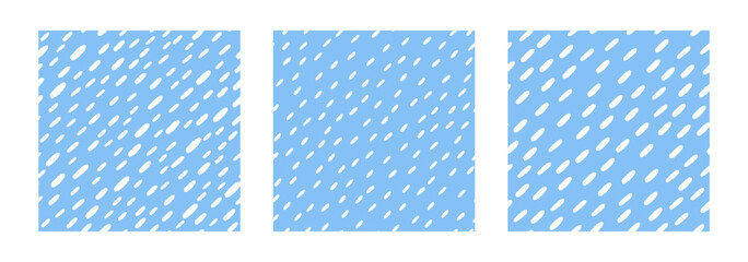Simple rain pattern. Diagonal dashed lines. Rainy season background. White Water drops or raindrops seamless pattern. Set of Vector illustration.