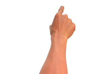 Isolated Arm and Hand Pointing Upwards Towards an Empty White Background Space
