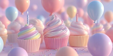 Sweet pastel cupcakes and balloons for a dreamy birthday celebration