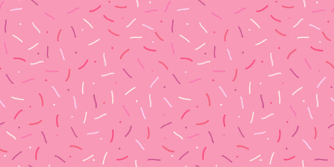 Simple Sprinkle Seamless Pattern. Pink donut glaze with colorful decorative sprinkles. Vector Illustration in scandinavian style.