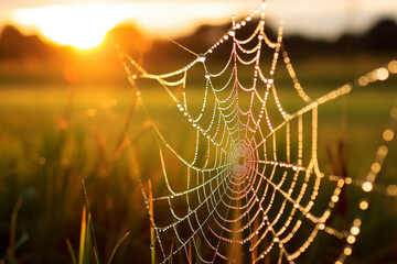 Spiderweb covered in dew drops with a golden sunset in the background view