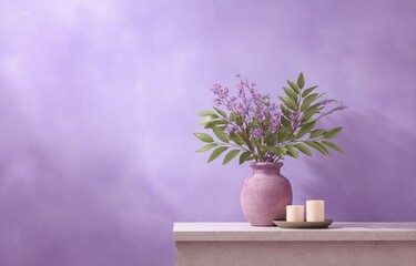 Elegant Purple Wall Setting with Flowers and Candles