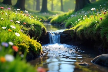 Sparkling Spring Water Feeds Vibrant Wildflower Meadow in Sunny Springtime