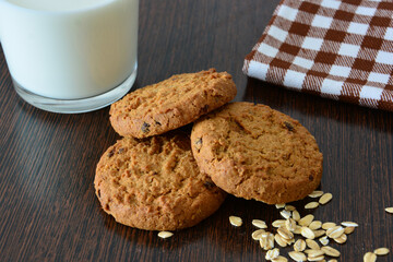 oatmeal Cookies with chocolate chips and Milk on a Wooden Table