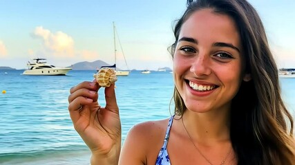 Smiling young woman holding a seashell with boats in the background on a calm ocean beach under a blue sky. Joyful summer vacation concept