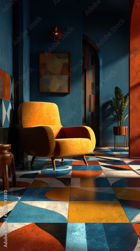 Poster yellow chair in colorful room setting isolated-3d-backgroung-image