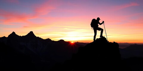 Silhouette of climber ascending rugged peak at sunset,   high,  outdoors