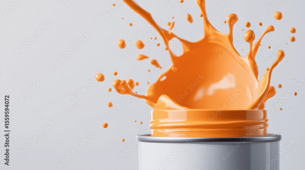 Poster vivid orange paint splashing out of open container on gray background