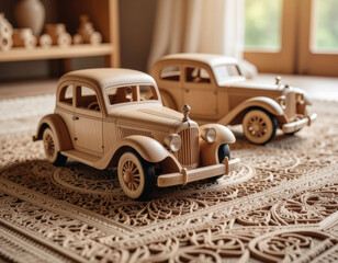 Vintage Wooden Cars: Two meticulously crafted wooden vintage cars stand showcased. Their detailed design evokes nostalgia and the artistry of a bygone era. They sit on a decorative rug.