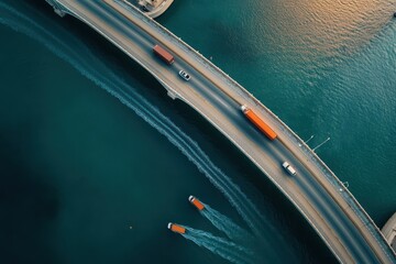 Transport crossing a bridge in an aerial view showcasing bustling activity above a calm waterway, Aerial view on the bridge with transport passing by in Abu Dhabi, UAE Traffic highway