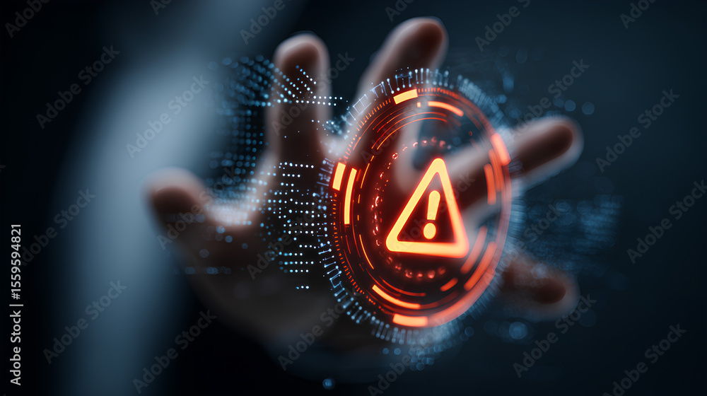 Poster system warning alert on virtual interface with hand interaction. concept of cybersecurity risk, data