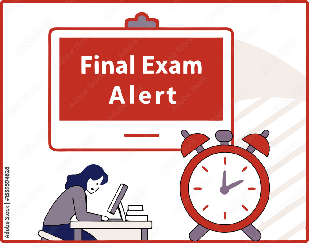 Poster student studying for final exams with an alarm clock indicating time is running out for preparation 
