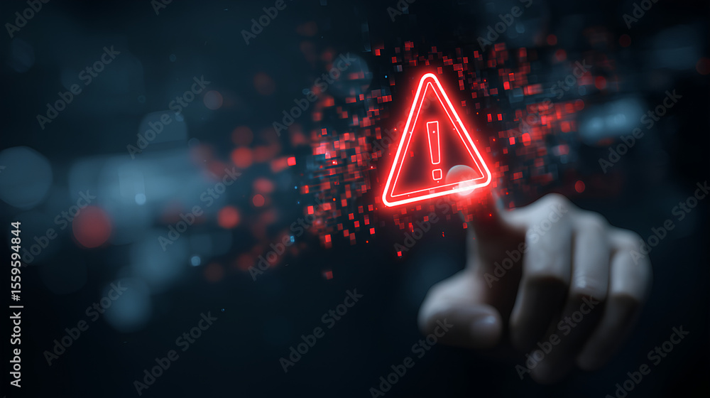 Poster system warning alert on virtual interface with hand interaction. concept of cybersecurity risk, data