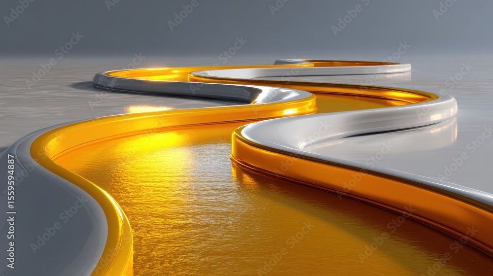 Poster abstract flowing golden and silver path with reflections and soft lighting