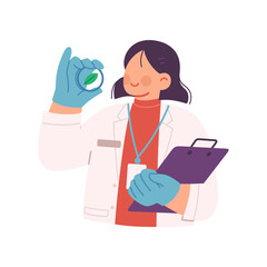 Vector illustration of smiling female scientist holding plant sample on glass slide and clipboard, conducting agricultural research. Women in science, Agri research, and STEM fields
