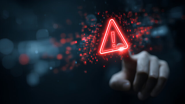 System warning alert on virtual interface with hand interaction. Concept of cybersecurity risk, data breach, malware, hacking, IT failure, and digital system vulnerability in modern technology.