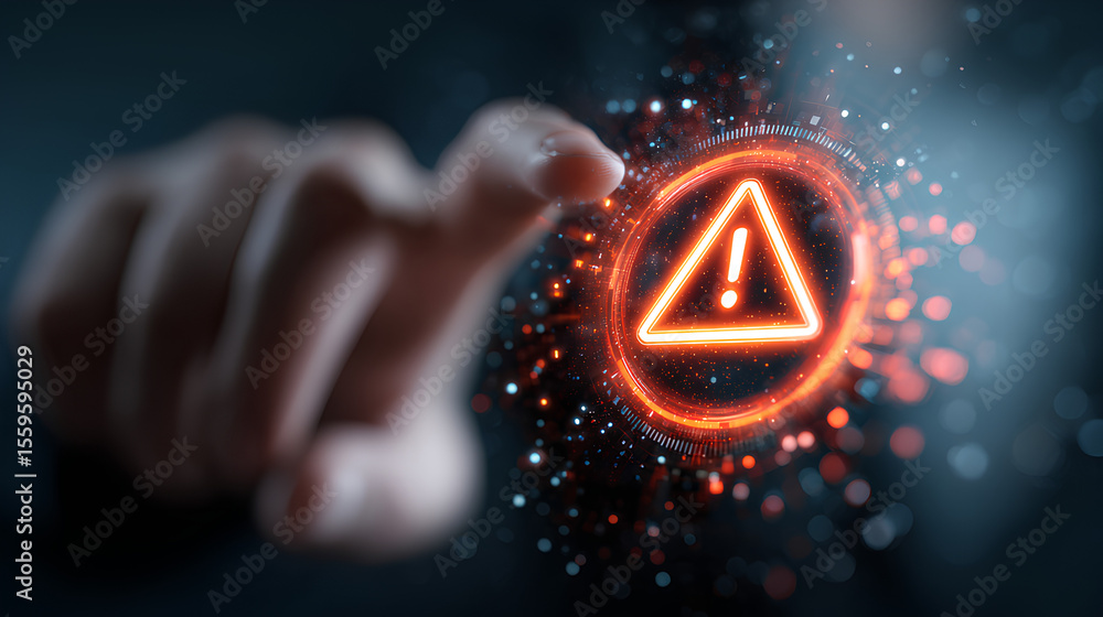 Poster system warning alert on virtual interface with hand interaction. concept of cybersecurity risk, data