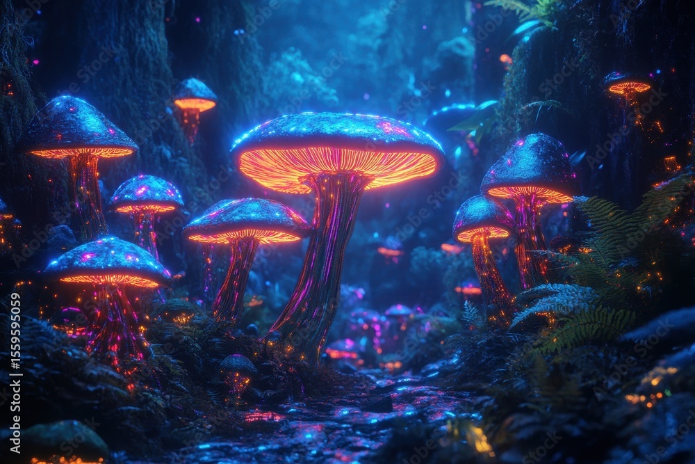 Poster neon pulsating magic mushrooms illuminate a vibrant bioengineered forest at twilight, magic mushroom