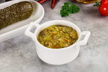 Souce gherkin relish with marinated cucumbers