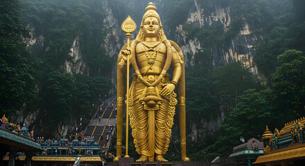Golden statue of Lord Murugan at Batu Caves, Malaysia, stands tall against a backdrop of limestone hills and stairs.
