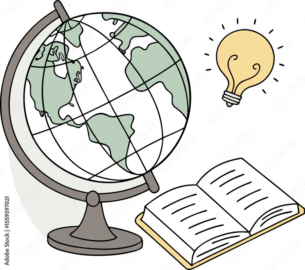 Aufkleber illustration of a globe an open book and a glowing light bulb representing knowledge learning and gl
