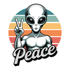 Cute alien giving peace sign with sunset background and retro text vector illustration.