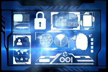 Cybersecurity flat HUD showing transparent blue panel with padlock, fingerprint scan, world map