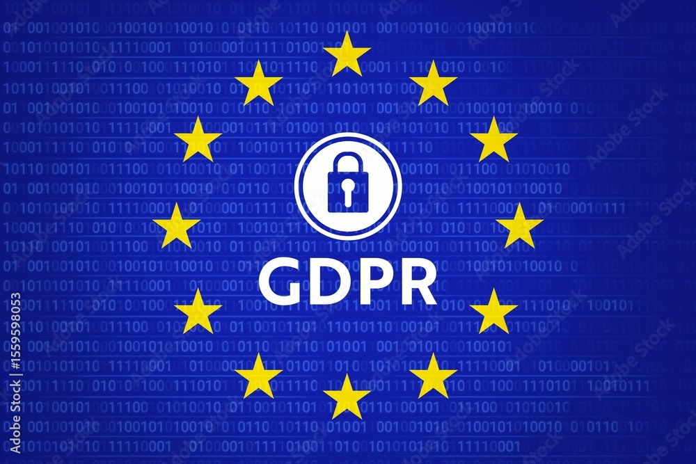 Poster gdpr data protection is being shown in flat design graphic with padlock icon, stars, binary code