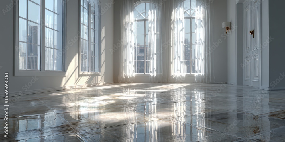 Poster bright room with windows and marble floor isolated-3d-backgroung-image