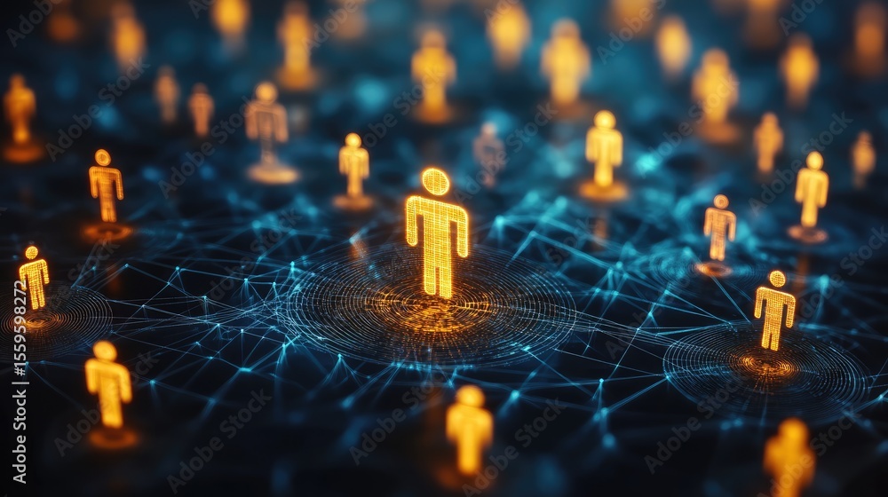 Poster connected people network: an interconnected network of glowing human figures, symbolizing unity and 