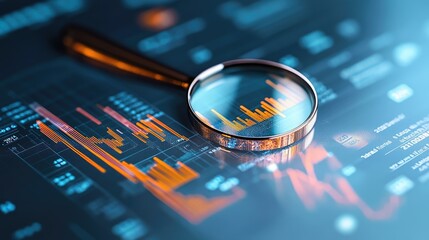 Data Analysis: A magnifying glass rests on a complex display of data charts and graphs.