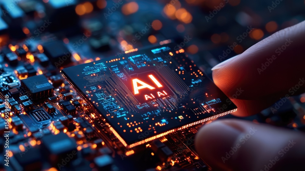 Poster ai chip: close-up view showcasing a state-of-the-art ai chip, the intricate circuitry and vibrant gl
