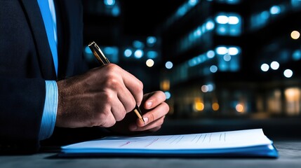 Signing the Deal: Close-up of a hand signing a legal document with a golden pen, capturing the essence of commitment, agreement, and contract.
