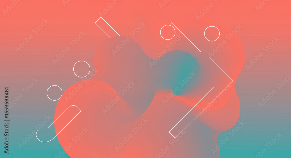 Poster photo of an abstract background design features fluid coral and teal shapes with geometric lines cre