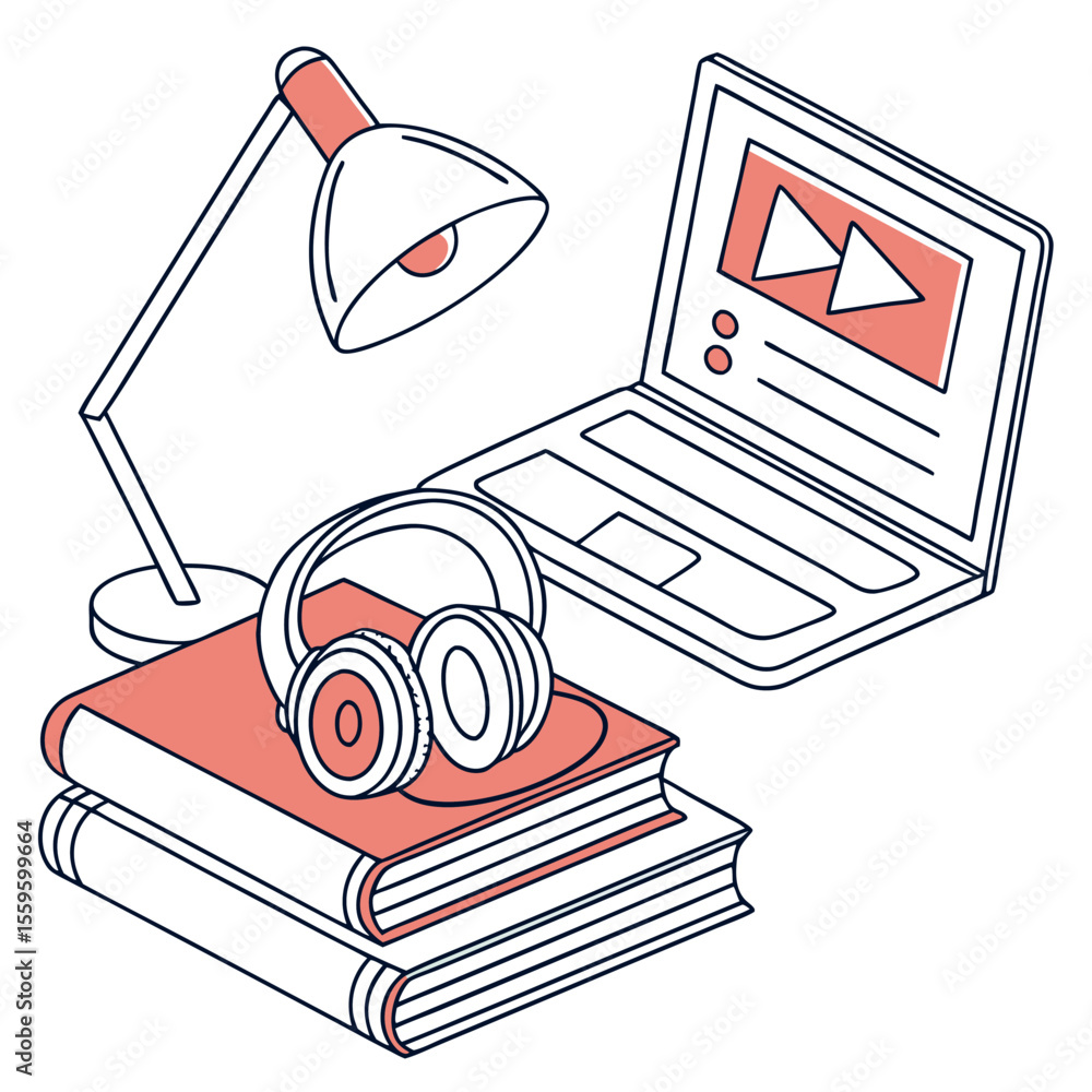 Poster illustration of a desk setup featuring a laptop with a video player on screen a desk lamp headphones