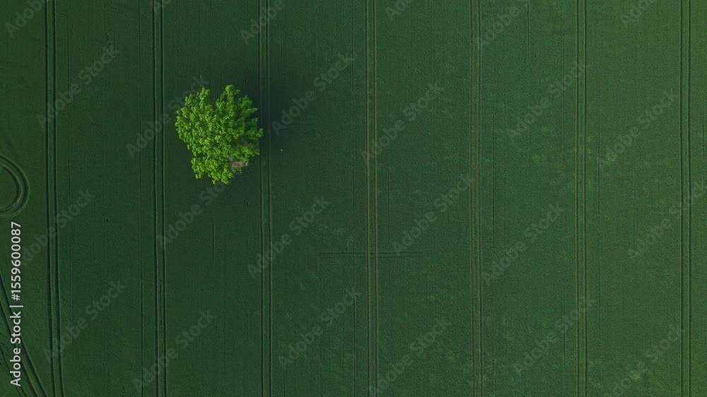 Poster top-down aerial view of a single tree casting a shadow in a green grain field with tractor lines