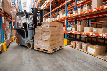 Forklift carrying cardboard boxes