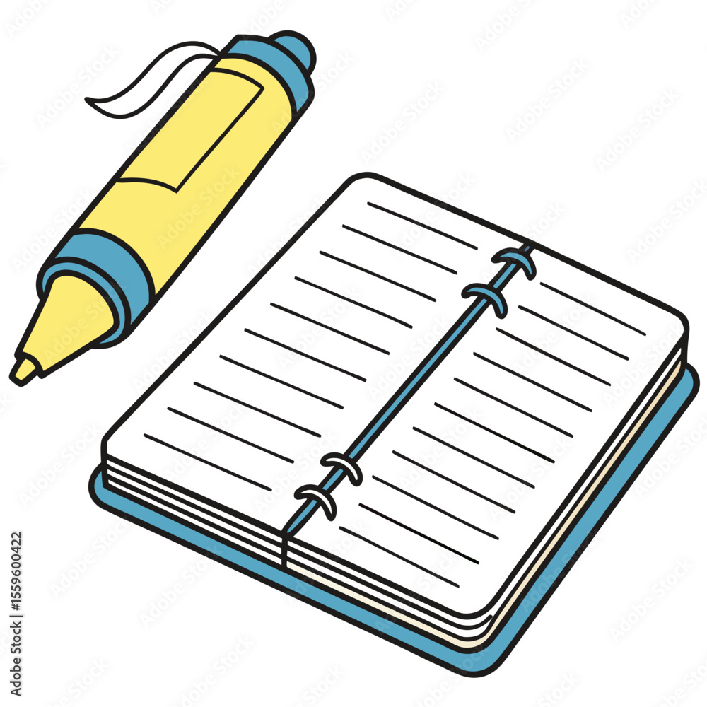 Poster a bright yellow pen with a blue tip and clip rests next to an open spiral bound notebook with lined 