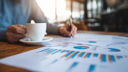 Person reviewing financial documents at a cafe.