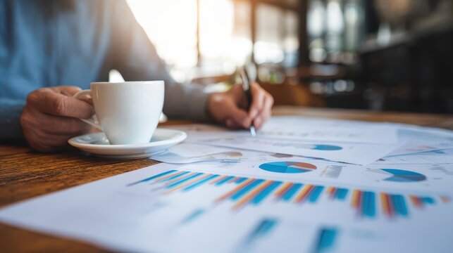 Person reviewing financial documents at a cafe. - Powered by Adobe