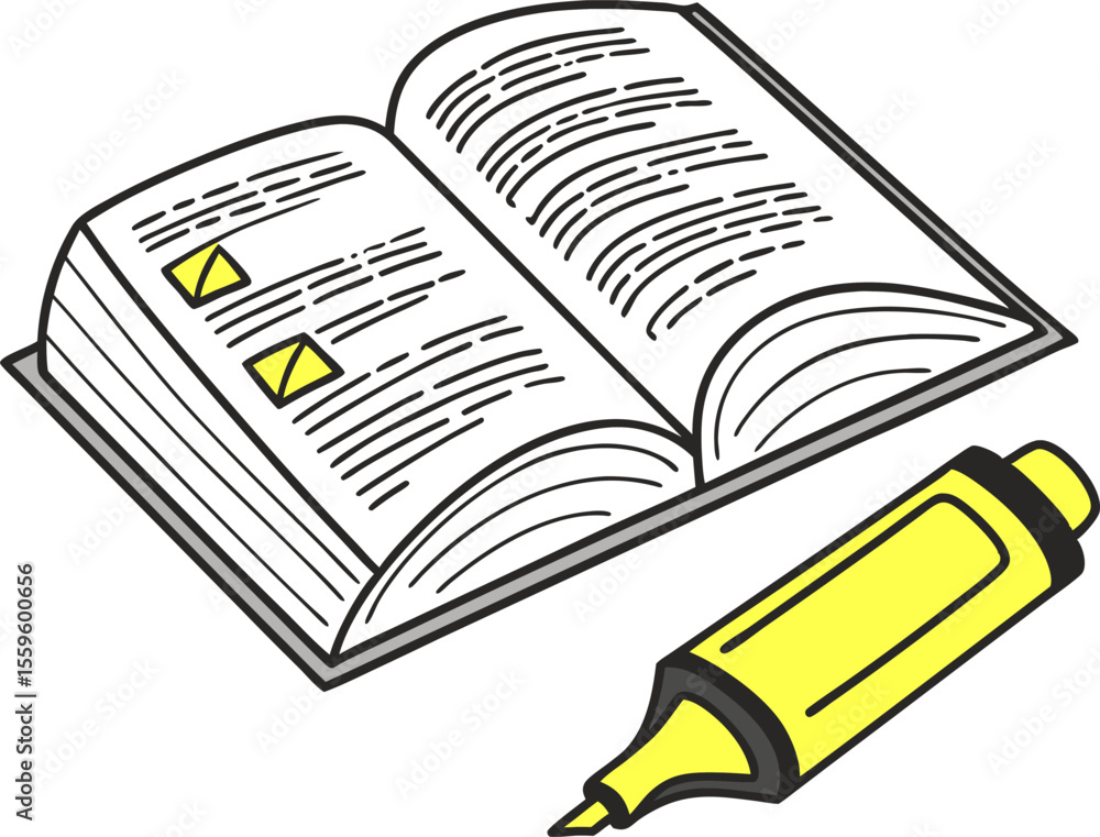 Poster open book with highlighted text and a yellow highlighter pen representing learning studying and impo